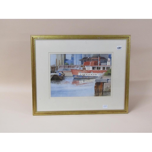 1267 - PETER LUSCOMBE - BALLAST QUAY, THE THAMES, SIGNED WATERCOLOUR, F/G, 29CM X 38CM