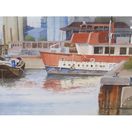 1267 - PETER LUSCOMBE - BALLAST QUAY, THE THAMES, SIGNED WATERCOLOUR, F/G, 29CM X 38CM