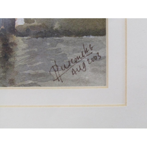 1267 - PETER LUSCOMBE - BALLAST QUAY, THE THAMES, SIGNED WATERCOLOUR, F/G, 29CM X 38CM