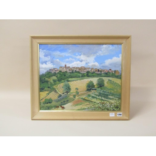 1268 - PETER LUSCOMBE - TUSCANY HILL TOP TOWN, SIGNED OIL ON PANEL, FRAMED, 42CM X 51CM