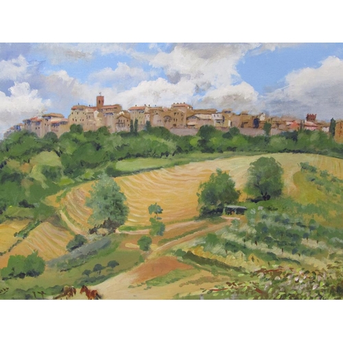 1268 - PETER LUSCOMBE - TUSCANY HILL TOP TOWN, SIGNED OIL ON PANEL, FRAMED, 42CM X 51CM