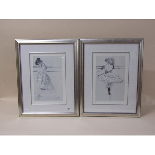 1270 - SIGNED INDISTINCTLY - PAIR, B&W BALLET DANCER PRINTS, EACH APPROX. 46CM X 31CM