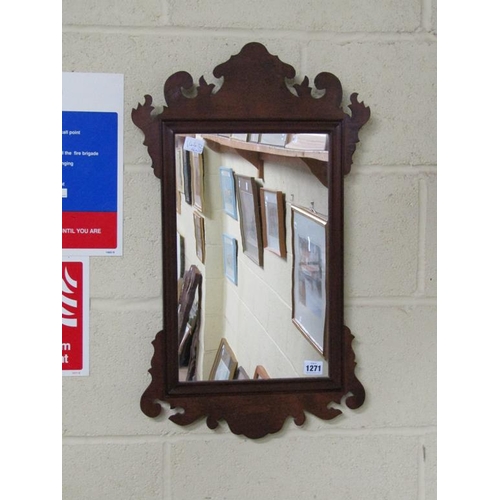 1271 - WILLILAM & MARY STYLE FRET CUT WALNUT WALL MIRROR, 66CM X 38CM