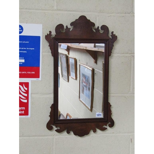 1271 - WILLILAM & MARY STYLE FRET CUT WALNUT WALL MIRROR, 66CM X 38CM