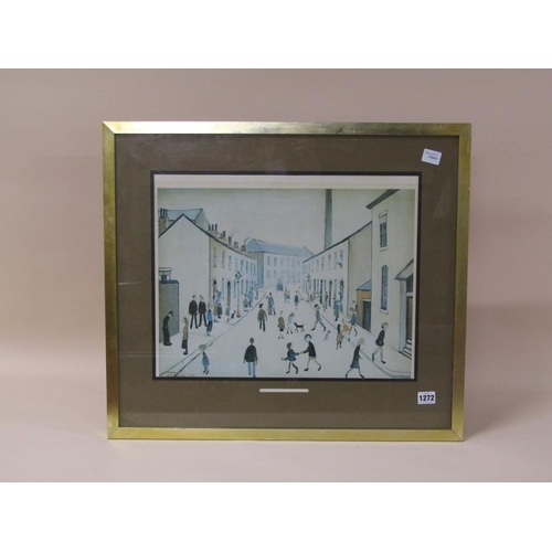 1272 - L.S LOWRY 1957 - STREET SCENE, COLOURED PRINT, F/G, 34CM X 45CM