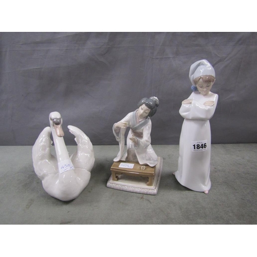 1846 - TWO LLADRO FIGURES AND A SWAN - LARGEST 27CM H