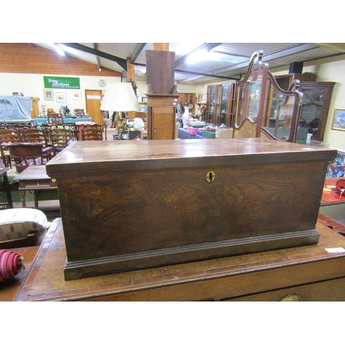 1922 - EARLY 19c ELM BOX WITH HINGED RISING COVER, HANDLE BOX, MOULDED BASE 84 x 32 cms