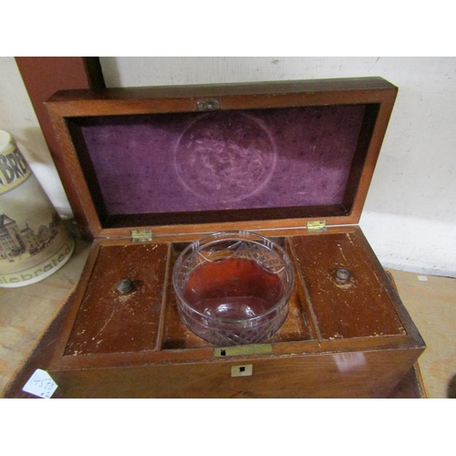 106 - VINTAGE LEATHER CASE; 19C MAHOGANY TEA CADDY