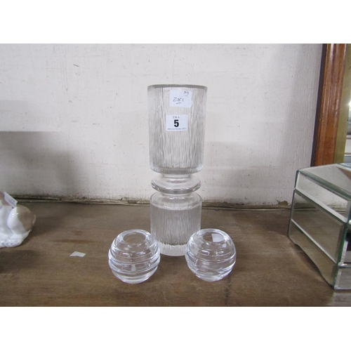 5 - ART GLASS VASE; TWO CANDLE HOLDERS