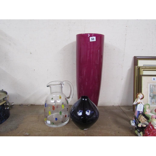 50 - TWO LARGE COLOURED GLASS VASES; MILLEFIORI JUG