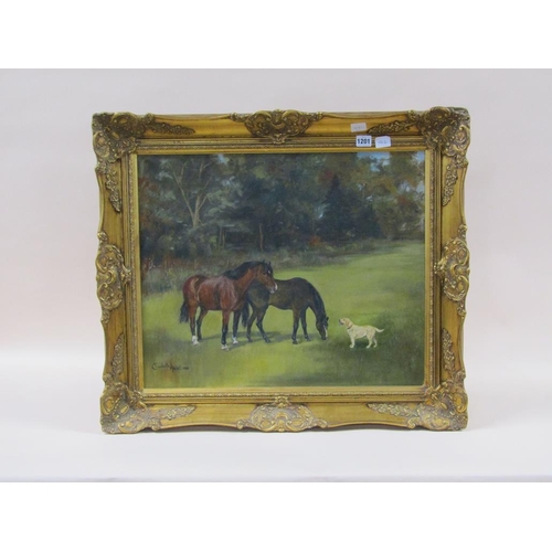 1201 - ELIZABETH ANSELL 1980 - STURDY LAD, LAURIE LEE AND THE DOG HONEY, SIGNED, FRAMED OIL ON CANVAS, 50CM... 