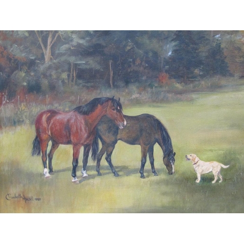 1201 - ELIZABETH ANSELL 1980 - STURDY LAD, LAURIE LEE AND THE DOG HONEY, SIGNED, FRAMED OIL ON CANVAS, 50CM... 