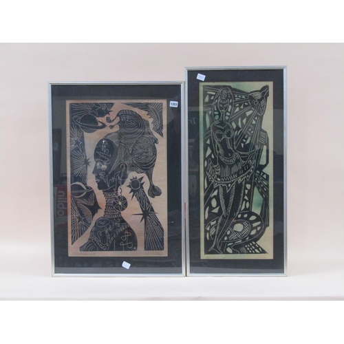 1203 - E. CASTER - PAIR, LINO CUT, LADY IN THE SPOTLIGHT, 72CM X 30CM & AFRICAN LADY, F/G, 64CM X 40CM