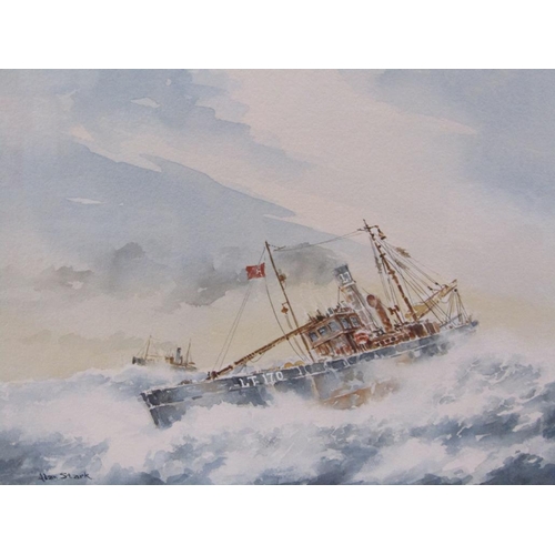 1204 - ALAN STARK - TRAWLERS IN ROUGH WATER, 22CM X 32CM