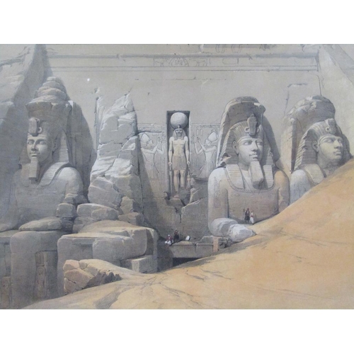 1205 - DAVID ROBERTS - THE GREAT TEMPLE OF ABOOSIMBLE, C.1848, COLOURED PRINT, F/G, 36CM X 49CM