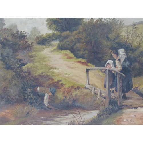 1207 - UNSIGNED 19C - MOTHER AND CHILDREN ON WOODEN BRIDGE, OIL ON CANVAS, UNFRAMED, 36CM X 46CM