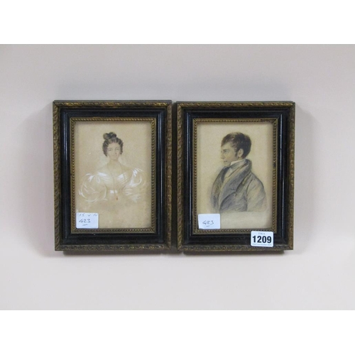 1209 - UNSIGNED - PAIR, 19C WATERCOLOURS, YOUNG GENTLEMAN & A LADY, BOTH F/G, 15CM X 10CM