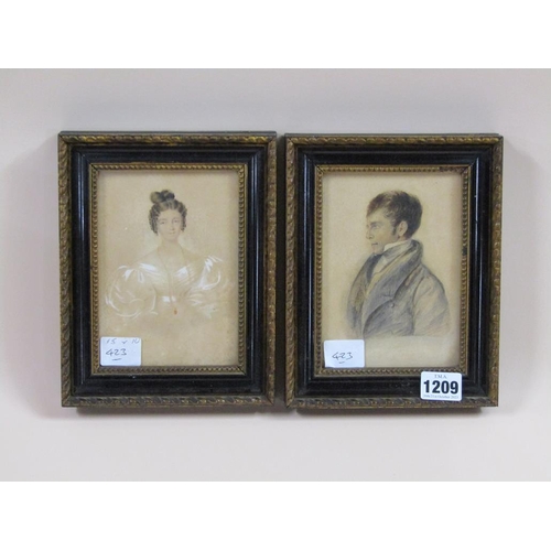 1209 - UNSIGNED - PAIR, 19C WATERCOLOURS, YOUNG GENTLEMAN & A LADY, BOTH F/G, 15CM X 10CM