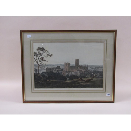 1210 - AFTER THE ORIGINAL BY W BONNET - THE SOUTH WEST VIEW OF DURHAM CATHEDRAL AND CASTLE, COLOURED PRINT,... 