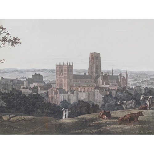 1210 - AFTER THE ORIGINAL BY W BONNET - THE SOUTH WEST VIEW OF DURHAM CATHEDRAL AND CASTLE, COLOURED PRINT,... 