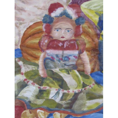 1212A - CONTEMPORARY UNSIGNED - THE DOLL WITH A PUMPKIN, WATERCOLOUR, FRAMED, 58CM X 42CM