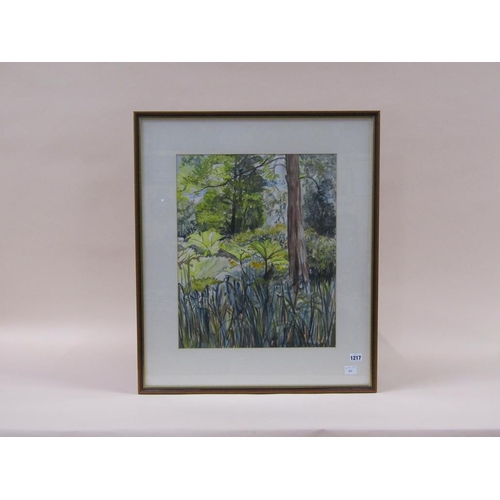 1217 - JOAN WILCOX - WATER GARDENS, UNSIGNED, INFORMATION TO REVERSE, WATERCOLOUR, F/G, 48CMX 39CM