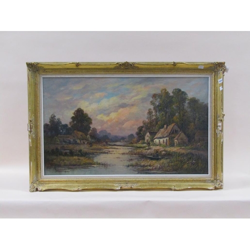 1218 - DEMESTER - 19C RIVERSCAPE WITH FIGURES AND COTTAGES, SIGNED OIL ON CANVAS, 60CM X 100CM