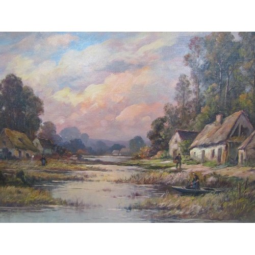 1218 - DEMESTER - 19C RIVERSCAPE WITH FIGURES AND COTTAGES, SIGNED OIL ON CANVAS, 60CM X 100CM