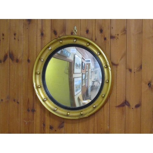 1220 - EARLY 19C GILT WOOD BEADED CIRCULAR CONVEX WALL MIRROR, 47CM DIAM