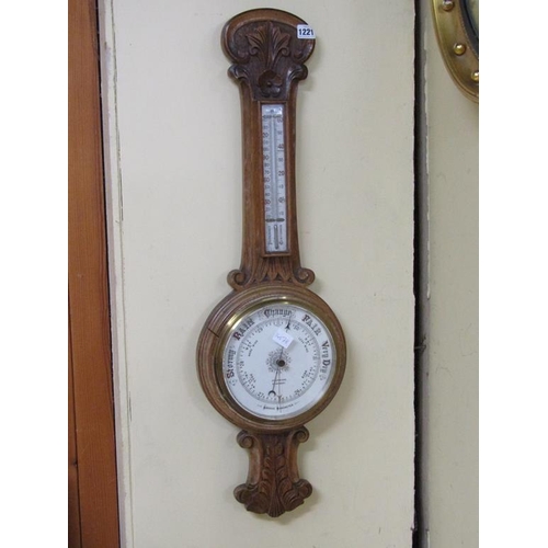 1221 - OAK CASED ANERIOD BAROMETER WITH THERMOMETER GAUGE