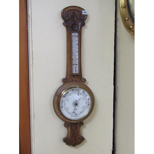 1221 - OAK CASED ANERIOD BAROMETER WITH THERMOMETER GAUGE