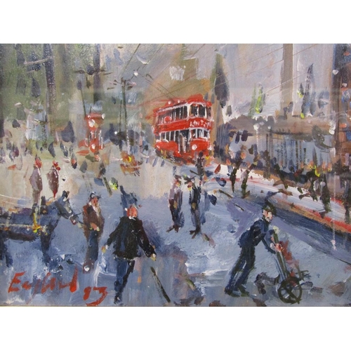 1226 - FREDERICK J ENGLAND - TRAM STOP, SIGNED ACRYLIC ON PANEL, F/G, 133CMX 33CM