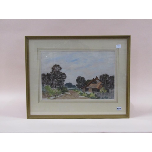 1229 - DOREEN ALLEN - TIMBERED FARM BUILDINGS, SIGNED, CRAYON AND WATERCOLOUR, F/G, 32CM X 49CM