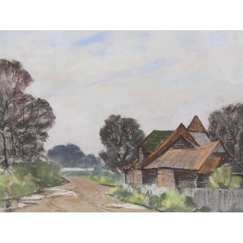 1229 - DOREEN ALLEN - TIMBERED FARM BUILDINGS, SIGNED, CRAYON AND WATERCOLOUR, F/G, 32CM X 49CM