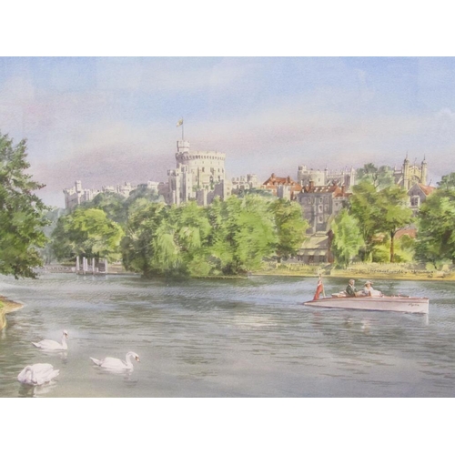 1230 - MICHAEL VICARY - SLIPPER AND SWANS AT WINDSOR 1988, SIGNED WATERCOLOUR F/G, 50CM X 70CM