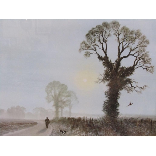 1236 - COULSON - GAME KEEPER, DOG AND PHEASANT RISING, COLOURED PRINT, F/G, 56CM X 78CM