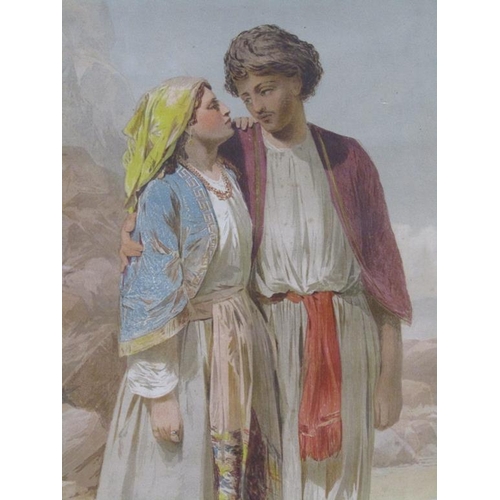 1243 - UNSIGNED - LADY AND GENTLEMAN IN A MIDDLE EASTERN SETTING, F/G LITHOGRAPH, 65CM X 45CM