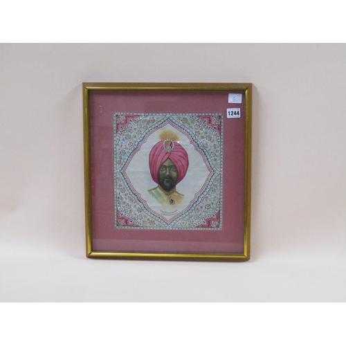 1244 - UNSIGNED - THE MAHARAJAH OF KAPURTHALA, PAINTING ON MATERIAL, F/G, 28CM X 26CM