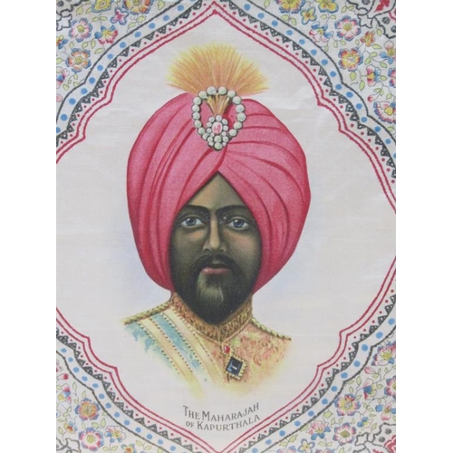 1244 - UNSIGNED - THE MAHARAJAH OF KAPURTHALA, PAINTING ON MATERIAL, F/G, 28CM X 26CM