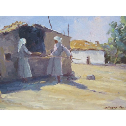 1246 - SIGNED INDISTINCTLY - THE ARABIAN BREAD OVEN, OIL ON BOARD, SIGNED, FRAMED, 44CMX 60CM