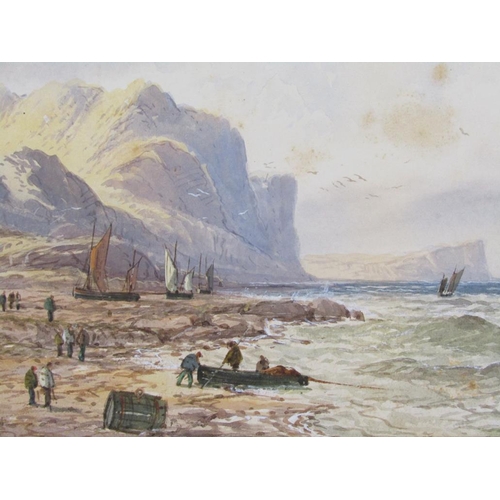 1247A - E LEWIS - PAIR, UNFRAMED WATERCOLOURS, COASTAL SCENES, 17CM X 37CM