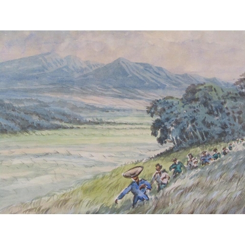 1249 - SIGNED IN MONO INDISTINCTLY - ORIENTAL FIGURES MARCHING, WATERCOLOUR, F/G, 22CM X 23CM