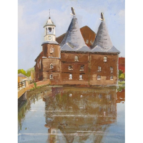 1250 - P LUSCOMBE - OAST HOUSE NEXT TO MILL POND, OIL ON CANVAS, 41CM X 30CM