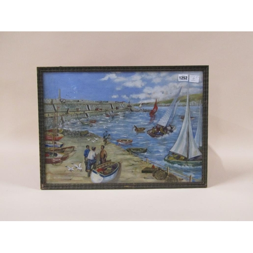 1252 - UNSIGNED - SHELTERED HARBOUR WITH FIGURES, BOATS, OIL ON CANVAS, F/G, 37CM X 52CM