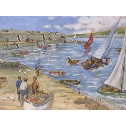 1252 - UNSIGNED - SHELTERED HARBOUR WITH FIGURES, BOATS, OIL ON CANVAS, F/G, 37CM X 52CM