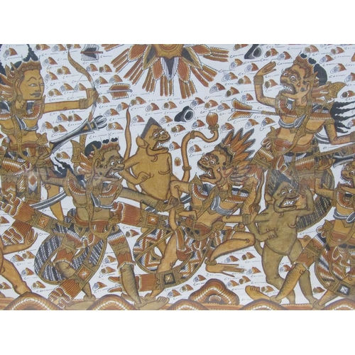 1254 - ORIENTAL PAINTING ON MATERIAL - MYSTICAL BEASTS BATTLING, F/G, 45CM X 70CM