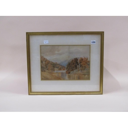 1255 - J STEEPLES - AUTUMN RIVERSCAPE WITH MOUNTAINS IN DISTANCE, SIGNED WATERCOLOUR, F/G, 24CM X 34CM