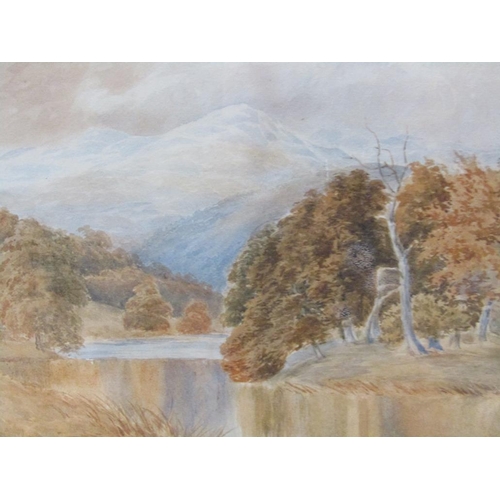 1255 - J STEEPLES - AUTUMN RIVERSCAPE WITH MOUNTAINS IN DISTANCE, SIGNED WATERCOLOUR, F/G, 24CM X 34CM