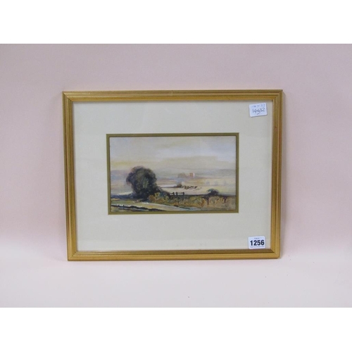 1256 - UNSIGNED - DISTANT HARBOUR SCENE, WATERCOLOUR, F/G, 14CM X 23CM