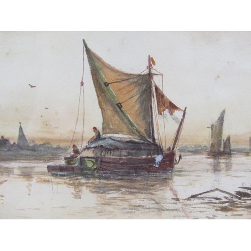 1257 - SIGNED INDISTINCTLY L WILLSON - SAILNG BARGE ON RIVER, SIGNED WATERCOLOUR, F/G, 17CM X 35CM